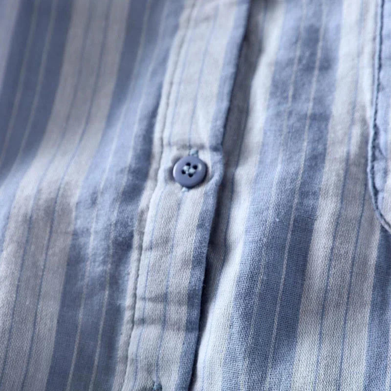 Buddha Stones Fall Vertical Stripes Button Down Stand Collar Long Sleeve Women's Cotton Shirt