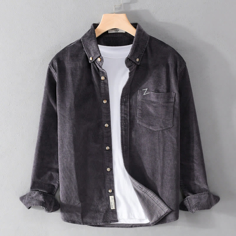Buddha Stones Casual Corduroy Solid Color Men's Long Sleeve Cotton Thickened Jacket With Pockets