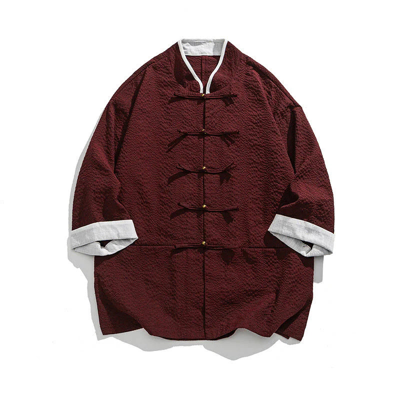 Buddha Stones Spring Solid Color Three Quarter Sleeve Tang Suit Men's Buttons Shirt With Pockets