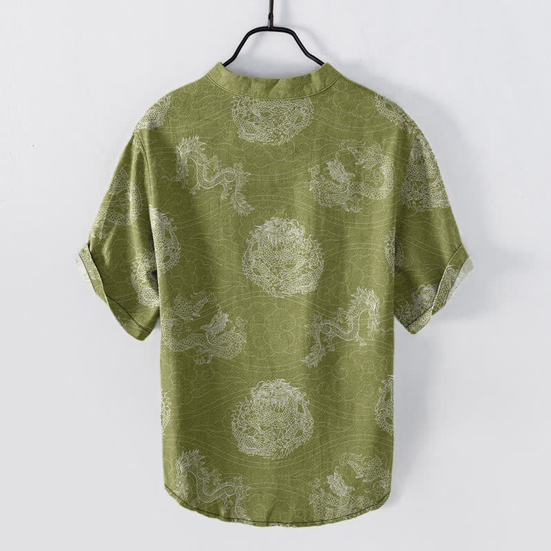 Buddha Stones Cotton Dragon Print Men's Short Sleeve Half Button Shirt