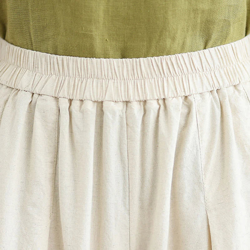 Buddha Stones Commute Simple Lace Design 7-8 Length Women's Wide Leg Cotton Linen Pants With Pockets