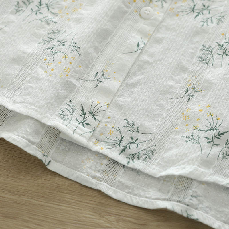 Buddha Stones Fall White Yellow Flowers Green Leaves Buttons Women's Cotton Long Sleeve Shirt