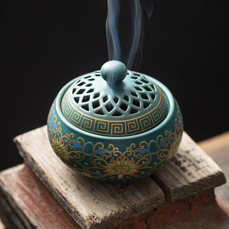 Buddha Stones Tibetan Floral Pattern Ceramic Blessing Incense Burner Decoration (Extra 35% Off | USE CODE: FS35)