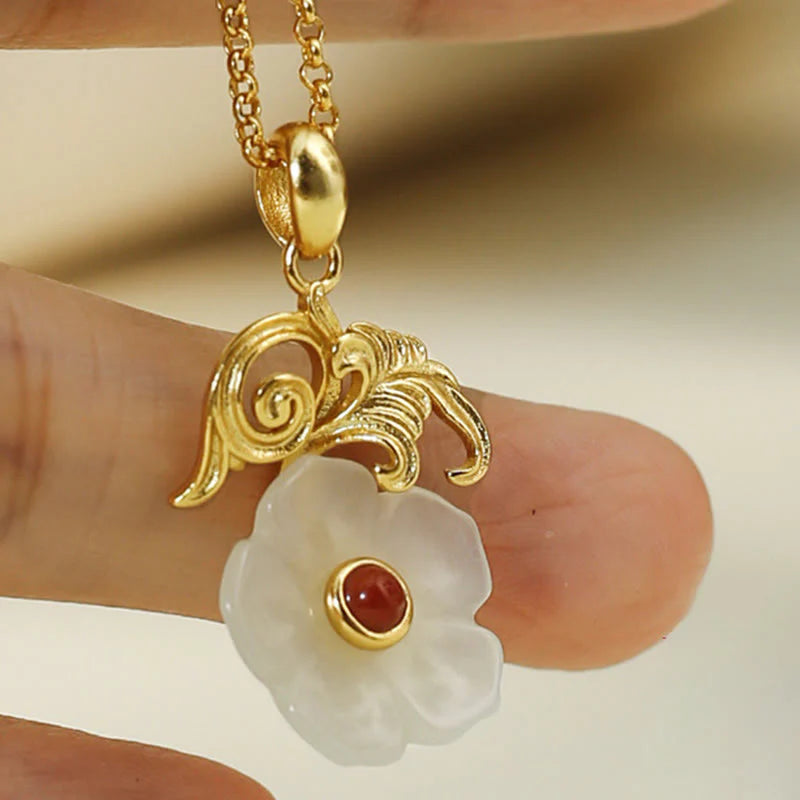 Buddha Stones Hetian Jade Flower 925 Sterling Silver Luck Necklace Pendant