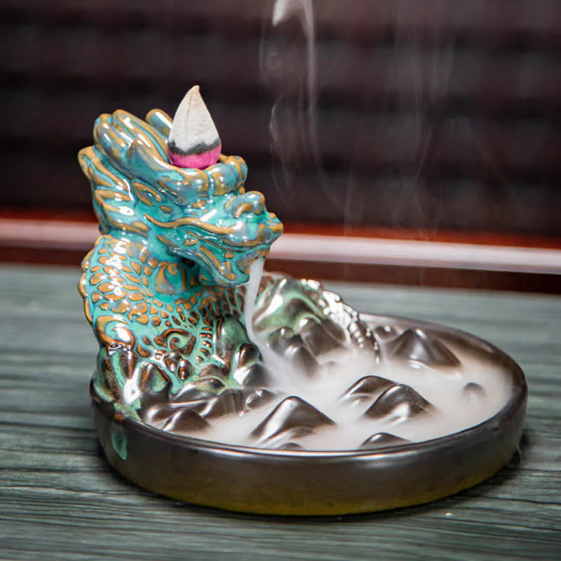 Dragon Pattern Ceramic Backflow Smoke Fountain Incense Burner Decoration (Extra 35% Off | USE CODE: FS35)