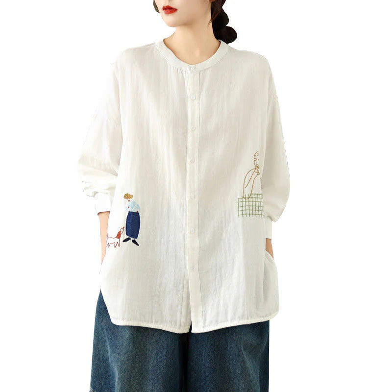 Buddha Stones Fall Embroidery Human Figure Dog Pattern Round Neck Buttons Women's Long Sleeve Shirt