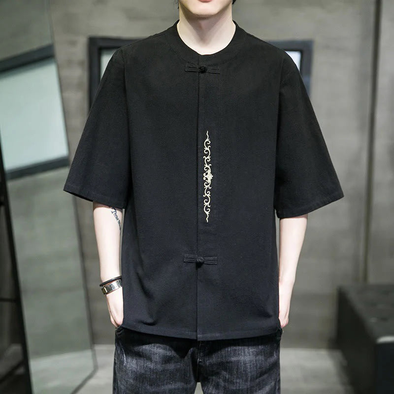 Buddha Stones Casual Solid Color Frog-Button Embroidery Men's Cotton Linen Shirt Cardigan