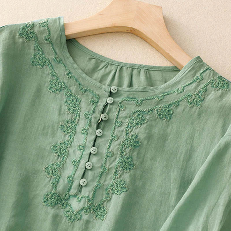 Buddha Stones Casual Women's Plain Frog Buckle Design Half Sleeve Shirt
