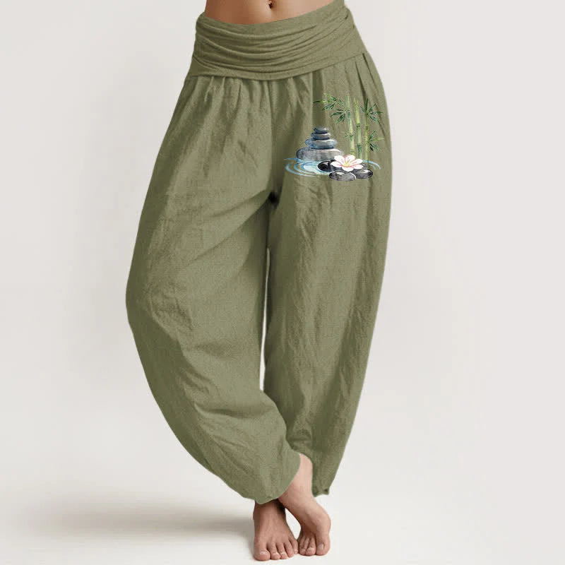 Buddha Stones Pure Cotton Bamboo Flower Stones High Waist Women's Harem Pants
