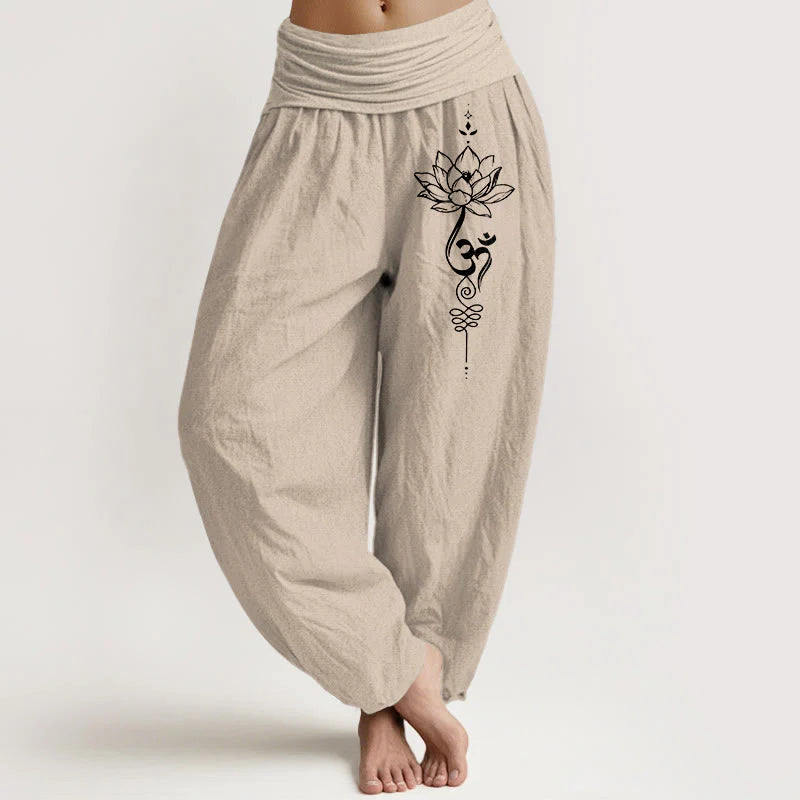 Buddha Stones Pure Cotton Minimalist Style Lotus Om Symbol Pattern Women's Elastic Waist Harem Pants