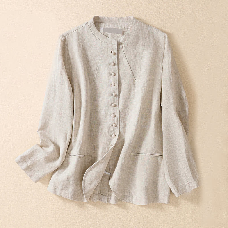 Buddha Stones Women's Cotton Linen Stand Collar Long Sleeve Shirt With Pockets
