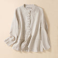 Buddha Stones Women's Cotton Linen Stand Collar Long Sleeve Shirt With Pockets