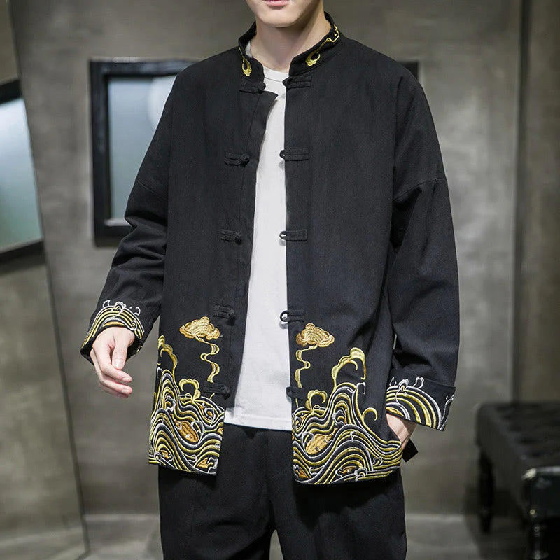 Buddha Stones Embroidered Clouds Frog-Button Long Sleeve Men's Cotton Tang Suit Jacket