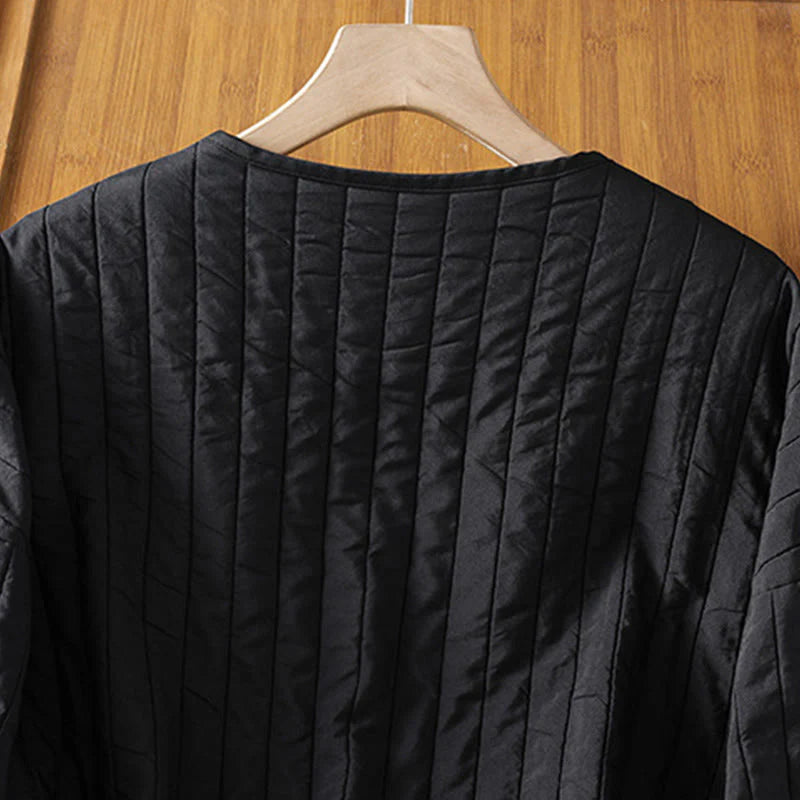 Buddha Stones Women's Plain Crew Neck Drawstring Design Long Sleeve Cotton Jacket With Pocket