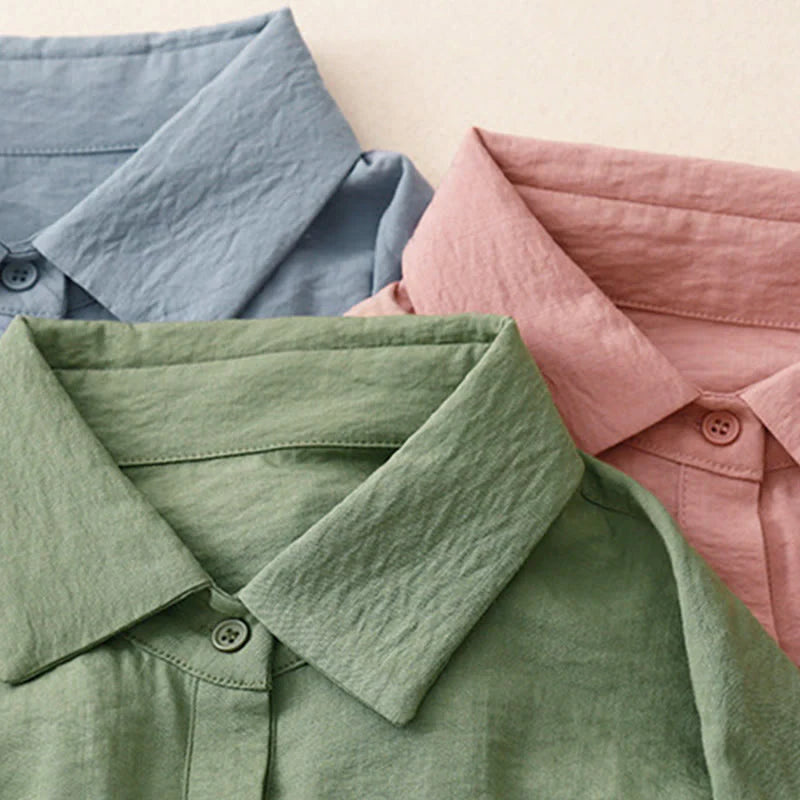 Buddha Stones Spring Fall Stand Collar Plain Long Sleeve Women's Cotton Polyester Shirt