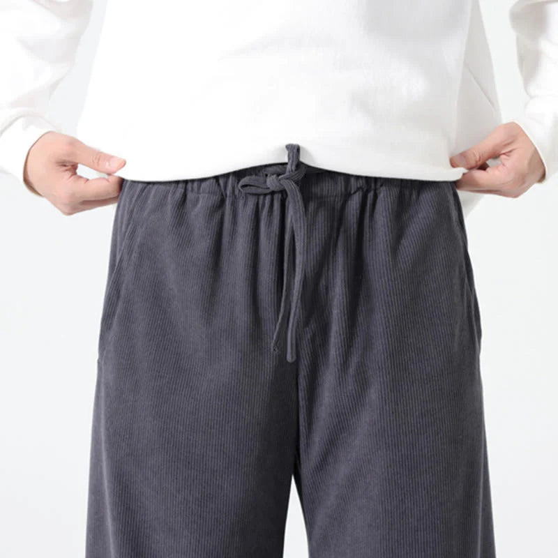 Buddha Stones Spring Pure Color Drawstring Design Corduroy Cotton Men's Harem Pants With Pockets