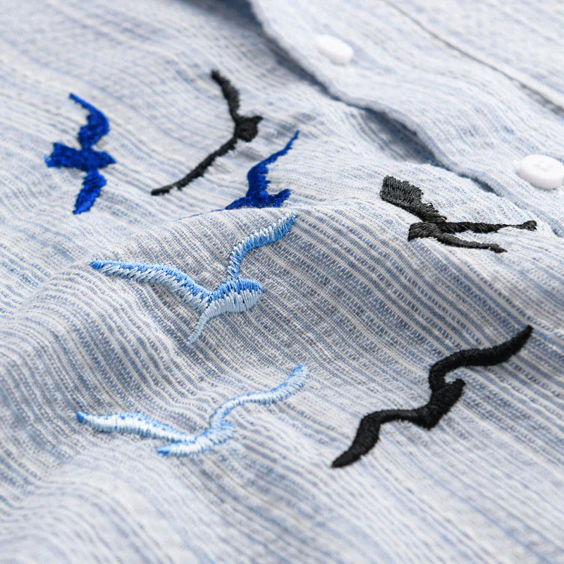 Buddha Stones Embroidery Bird Striped Pattern Long Sleeve Men's Cotton Shirt With Pocket