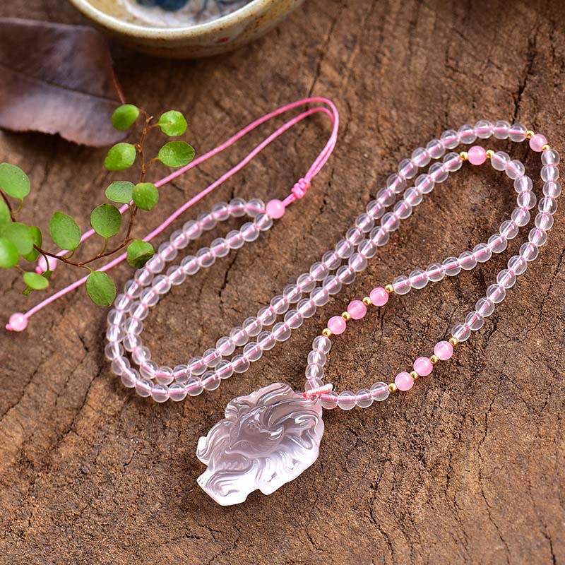 Buddha Stones Natural Pink Crystal Nine Tailed Fox Love Necklace Pendant (Extra 30% Off | USE CODE: FS30)