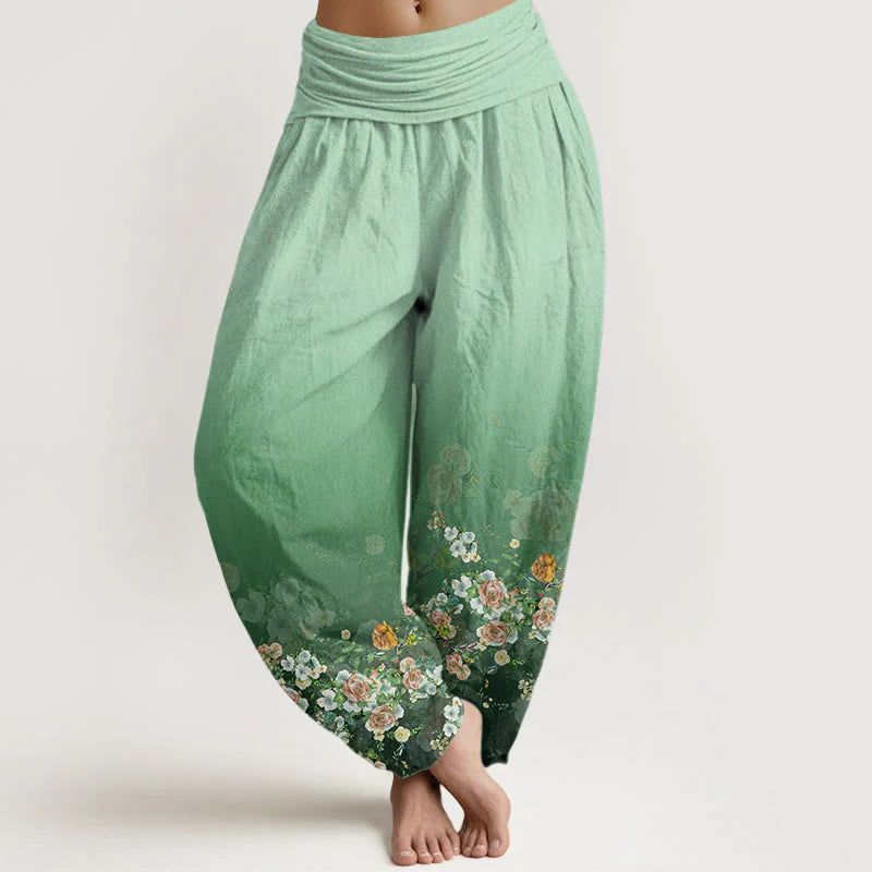 Buddha Stones Cotton Colorful Rose Flowers Design Women's Elastic Waist Harem Pants