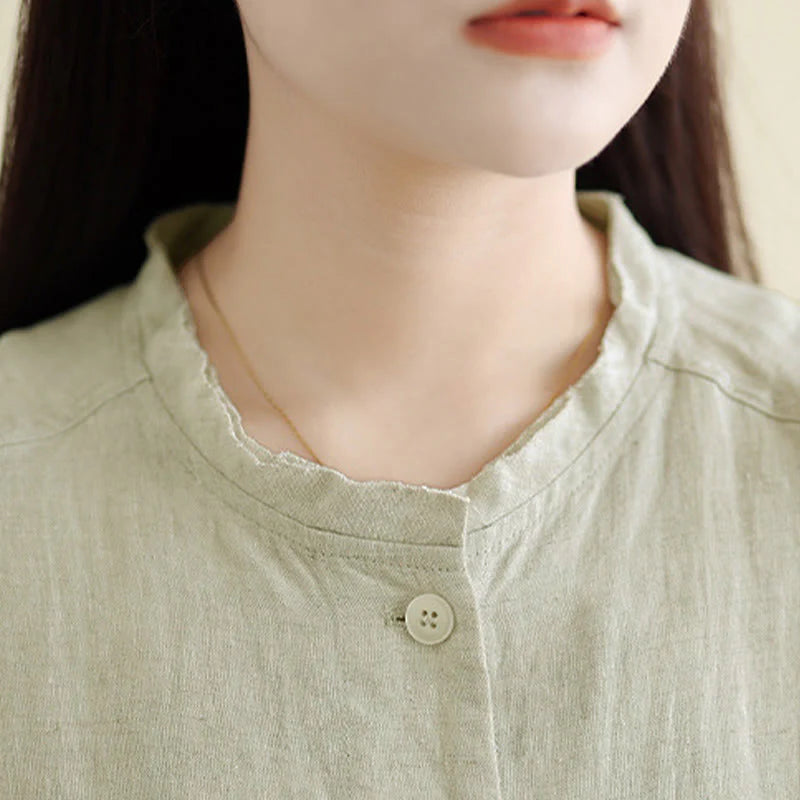 Buddha Stones Spring Crew Neck Long Sleeve Plain Women's Cotton Buttons Shirt With Pockets