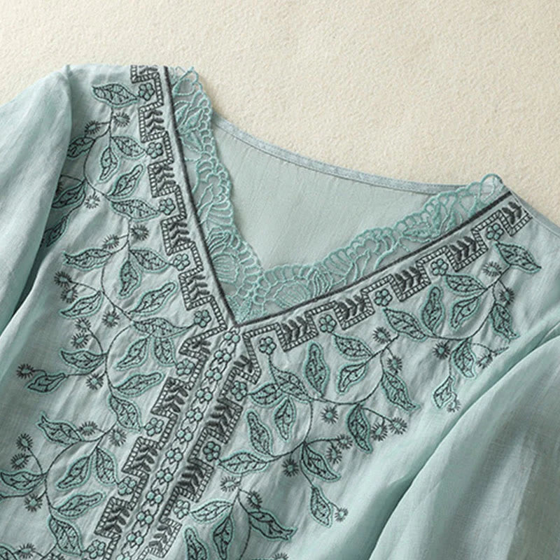 Buddha Stones Embroidered Lace Casual Women's Cotton Linen Half Sleeve T-shirt
