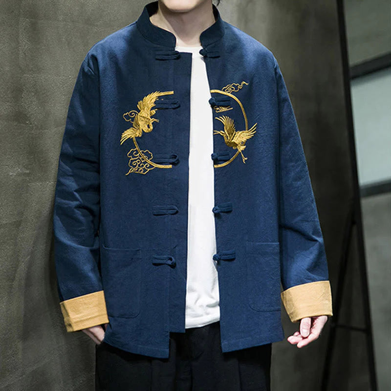 Buddha Stones Embroidery Cranes Pattern Frog-Button Men's Cotton Long Sleeve Jacket With Pockets