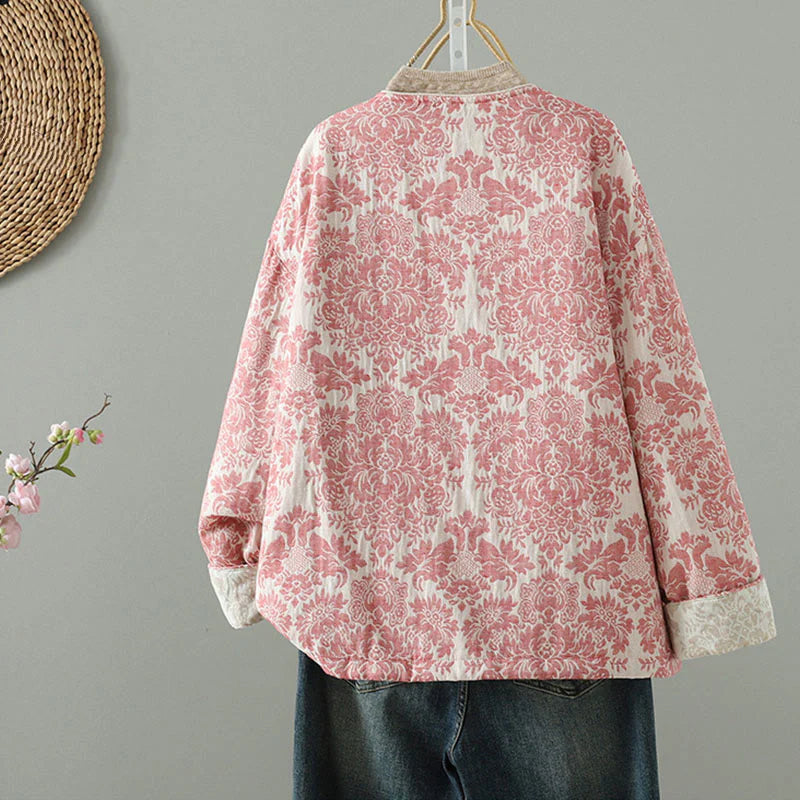 Buddha Stones Women's Peony Flowers Frog-Button Design Long Sleeve Thermal Jacket With Pockets