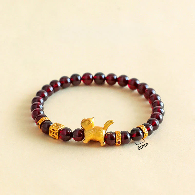 Buddha Stones Cute Lucky Cat Charm Garnet Cinnabar Calm Protection Beaded Bracelet