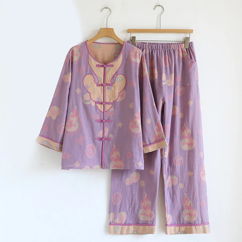 Buddha Stones 2pcs Frog-Button Printed Long Sleeve Cardigan Shirt Pants With Pockets Cotton Set