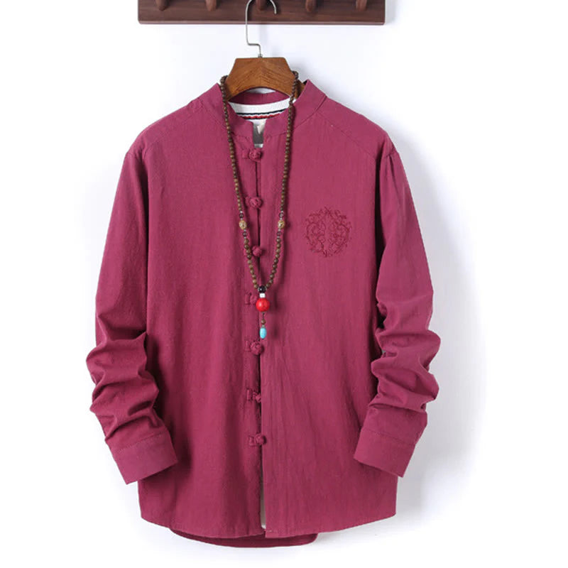 Buddha Stones 2Pcs Solid Color Men's Frog-Button Long Sleeve Cotton Shirt Pants Set With Pockets