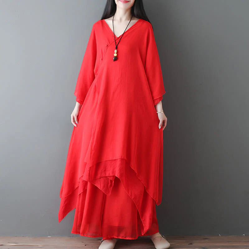 Buddha Stones V-Neck Midi Tunic Dress Wide Leg Pants Meditation Zen Practice Dance Clothing