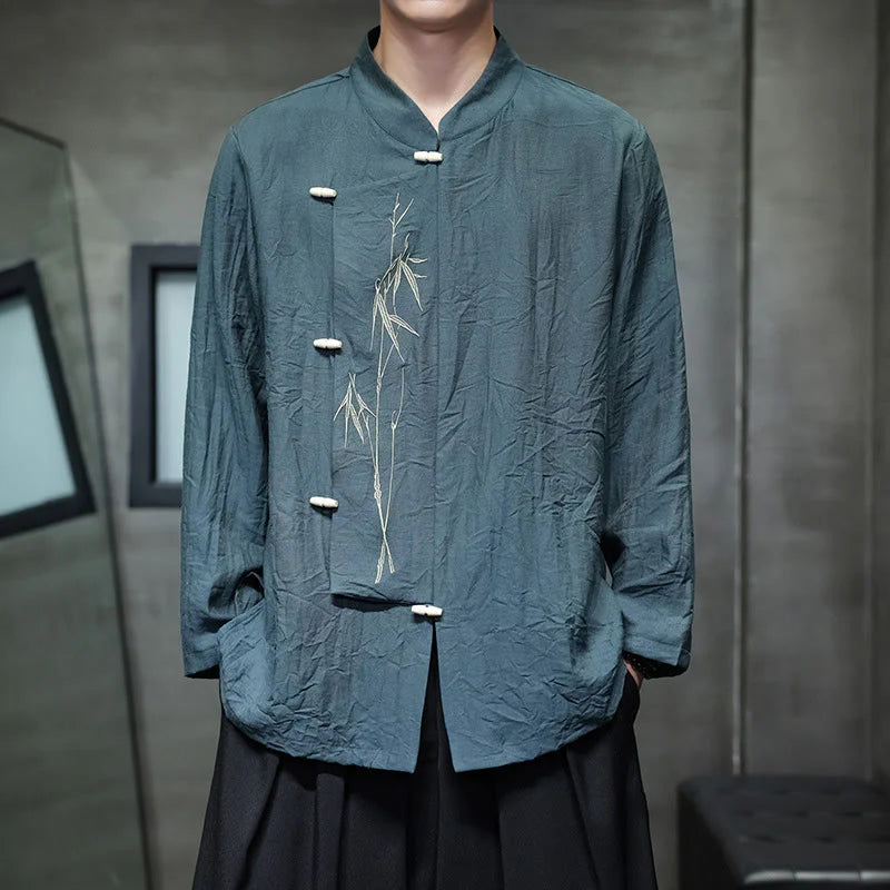 Buddha Stones Fall Solid Color Bamboo Leaf Embroidery Men's Long Sleeve Cotton Linen Shirt