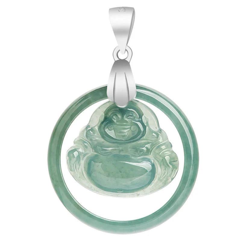 Buddha Stones Natural Jade Round Laughing Buddha Abundance Titanium Steel Chain Necklace Pendant