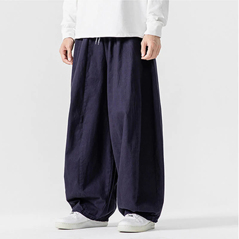 Buddha Stones Winter Commute Plain Drawstring Design Men's Wide Leg Cotton Pants With Pockets