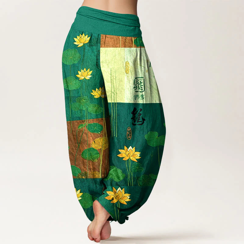 Buddha Stones Pure Cotton Strong Visual Impact Lotus Flowers Leaves Pattern Women's Elastic Waist Harem Pants