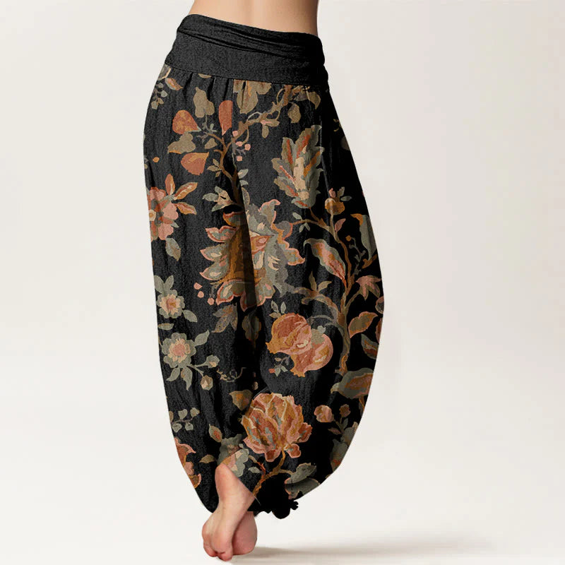 Buddha Stones Cotton Casual Blooming Flowers Buds Design Women's Elastic Waist Harem Pants