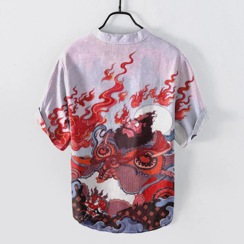 Buddha Stones Cotton Mythic Flame Print Men's Short Sleeve Half Button Shirt