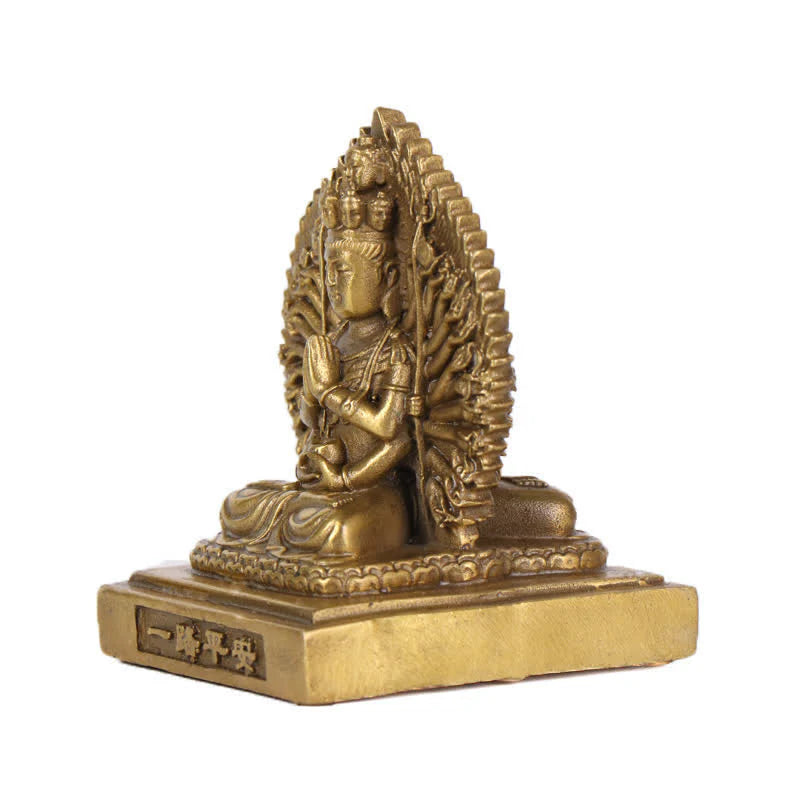 Buddha Stones Chenrezig Thousand-handed Avalokitesvara Figurine Double-sided Kuan Yin Bodhisattva Protection Solid Copper Statue Decoration