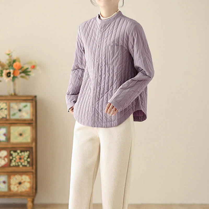 Buddha Stones Women's Stand Collar Simple Design Long Sleeve Thermal Cotton Jacket With Pocket