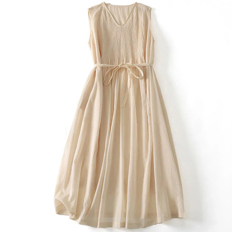 Buddha Stones Solid Color Accordion Design Sleeveless Cotton Midi Dress With Pockets