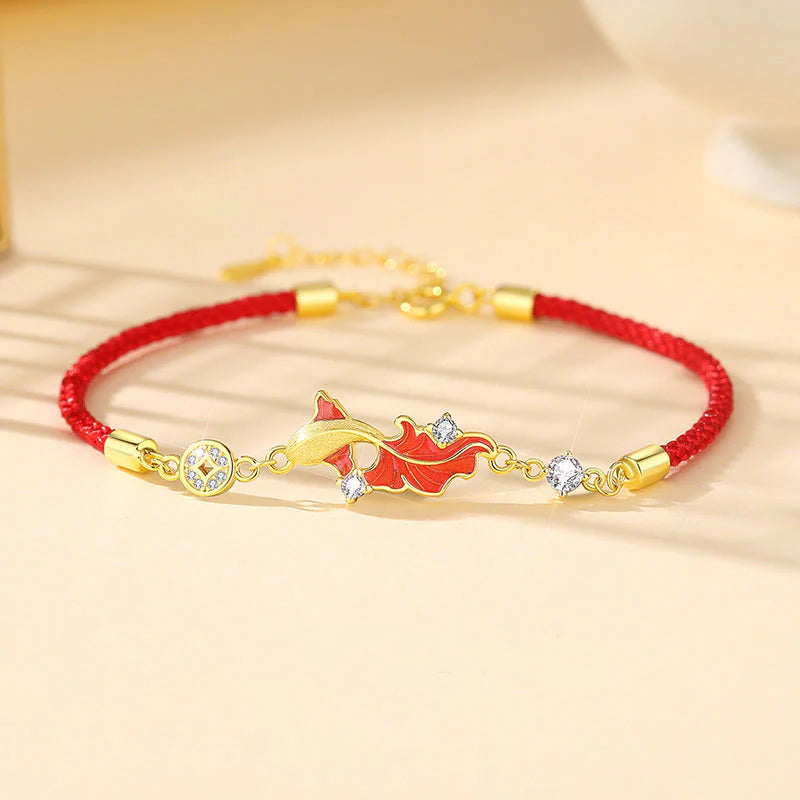 Buddha Stones 925 Sterling Silver Koi Fish Design Red String Blessing Bracelet