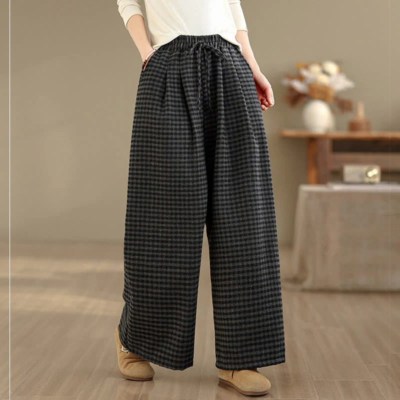 Buddha Stones Casual Plaid Pattern Women's Wide Leg Pants With Pockets
