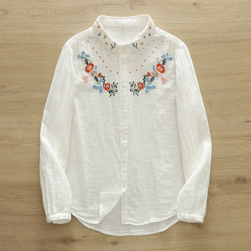 Buddha Stones Fall White Colorful Floral Embroidery Buttons Women's Cotton Long Sleeve Shirt