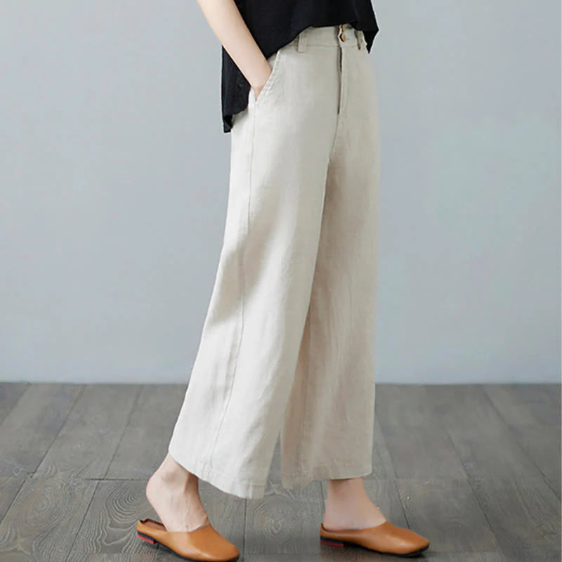 Buddha Stones Daily Solid Color Patchwork Simple Design Cotton Linen Women's Pants With Pockets