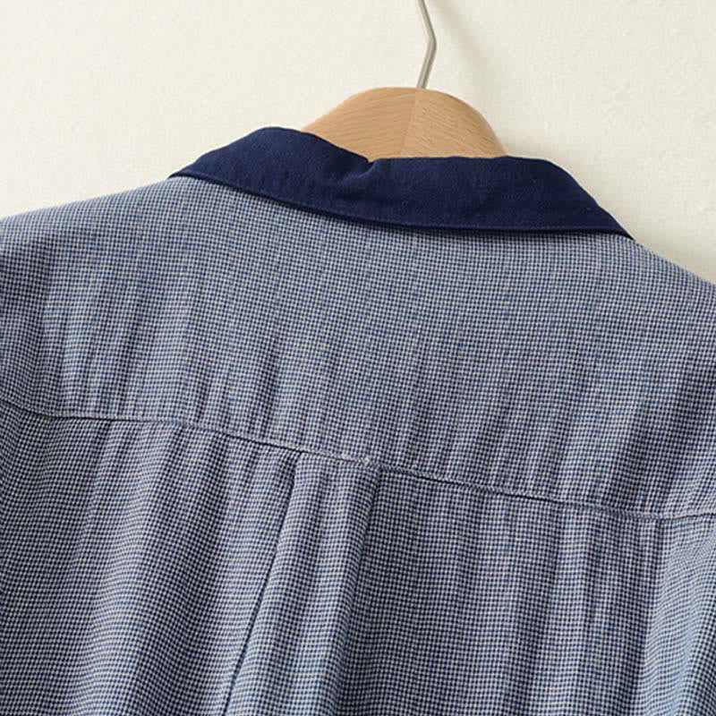 Buddha Stones Fall Blue Striped Color Blocking Stand Collar Buttons Down Design Women's Long Sleeve Shirt