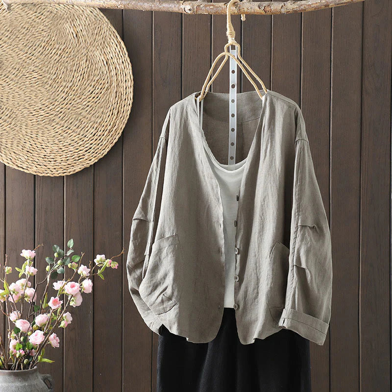 Buddha Stones Pure Color V-neck Women's Cotton Jacket With Pockets