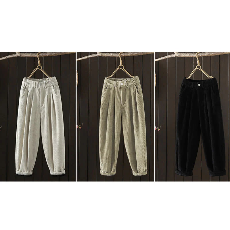 Buddha Stones Women's Winter Plain Corduroy Cotton High Waist Fleece-Lined Harem Pants With Pockets