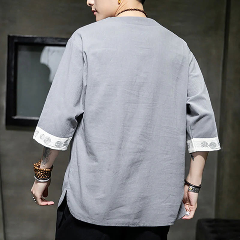 Buddha Stones Summer Embroidery Plain Frog-Button Men's Crew Neck Half Sleeve Cotton Linen Shirt Clothing