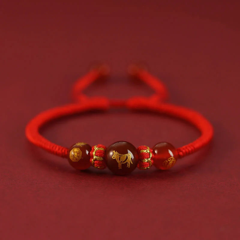 Buddha Stones Handmade Red Agate Chinese Zodiac Red String Braided Protection Bracelet