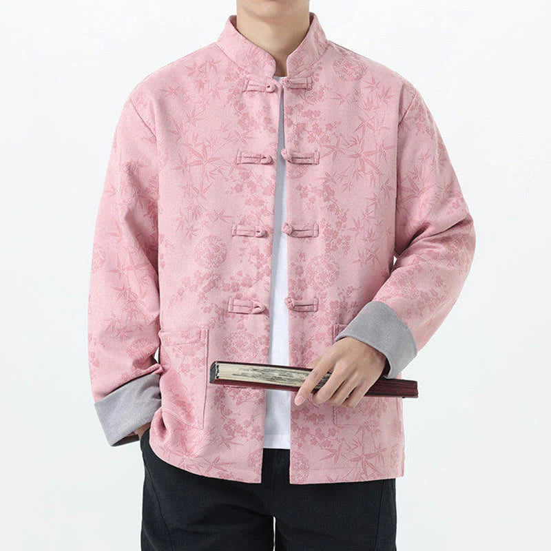 Buddha Stones Fall Jacquard Bamboo Frog-button Long Sleeve Men's Cotton Jacket With Pockets